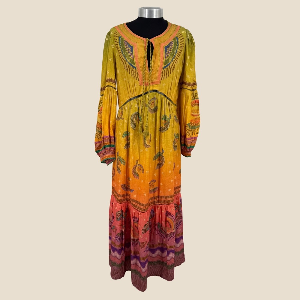 Farm Rio Yellow Ombre Bird Print Metallic Lurex Maxi Dress Womens Medium Boho - Picture 3 of 16